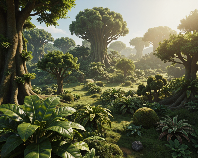 A lush Earth landscape under a bright sun